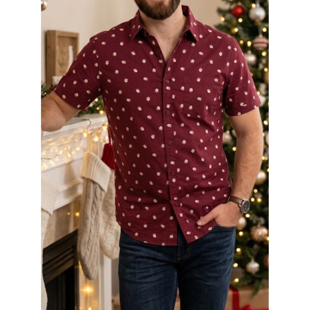 Rugby University M Men's Red Short Sleeve Button Up Christmas Shirt NWT